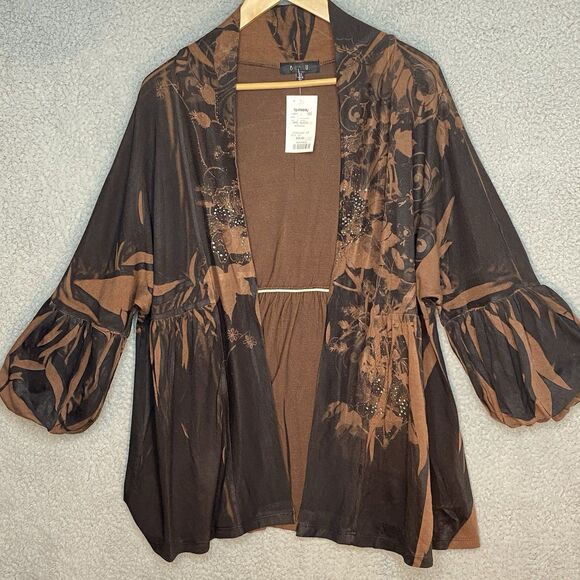 NWT Bleu 1X Open Cardigan Sweater Chocolate Brown Floral Beaded Puff Sleeves XL - Picture 1 of 16